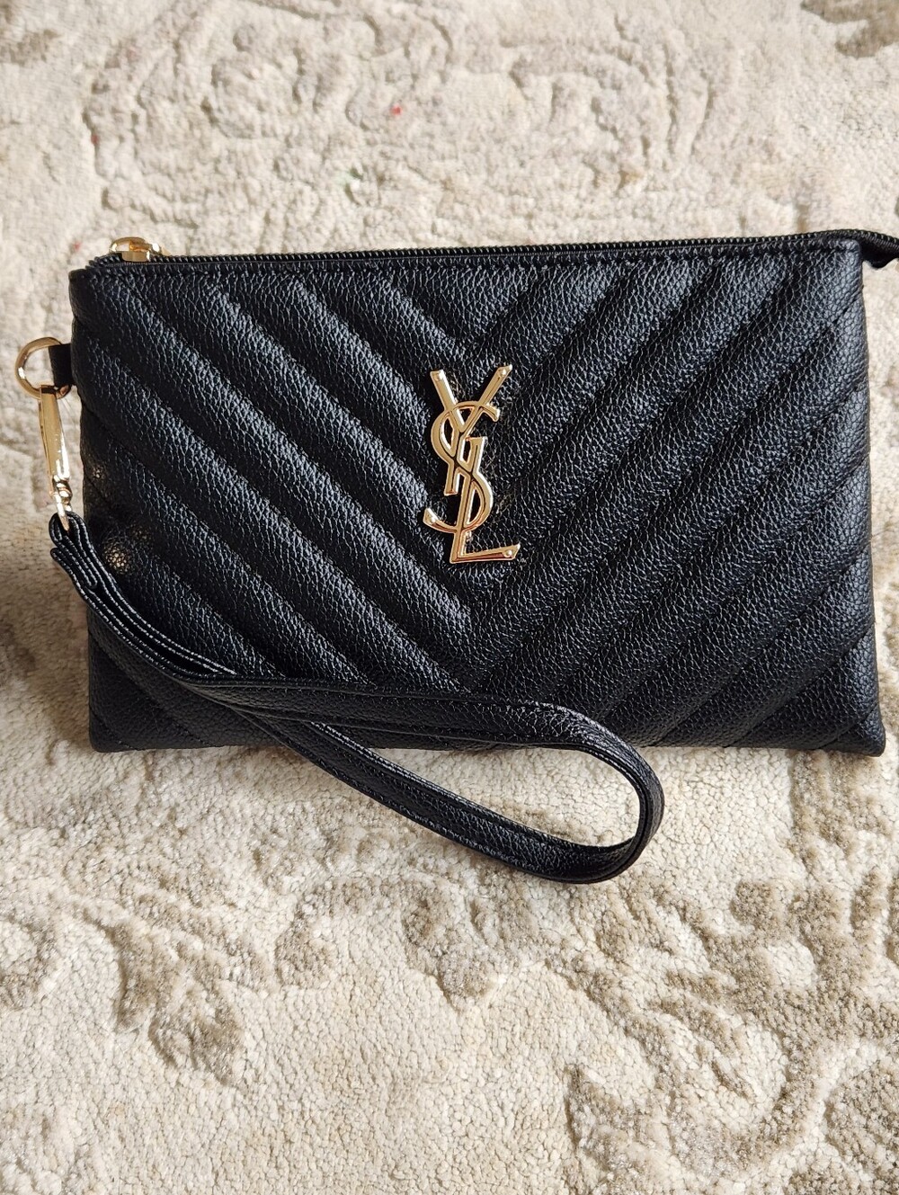 Saint Laurent Black Quilted Leather Wristlet with Gold YSL Emblem